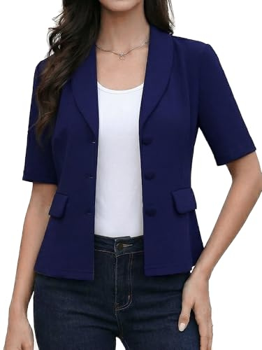 Allegra K Blazer Femme à Manches Courtes pour L'Été avec Boutons Style Business Décontracté Veste de Tailleur pour Le Bureau