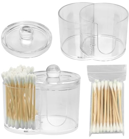Yonderfume Qtip Dispenser Holder with Cotton Swab, Dual-Compartment Round Cotton Pads Dispenser Small Plastic Swabs Dispensers with Lid, Compact Countertop Storage Container