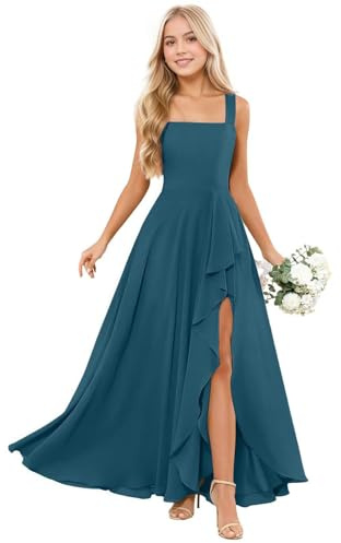 Sewavai Teal Elegant Junior Bridesmaid Dresses for Teen Girls Chiffon Winter Flower Girl Dress 13-14 Modest Squaure Neck Ruffle Floor Length Children Formal Confirmation Dresses for Girls Size 14