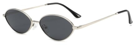 QVKUUT Lunettes de soleil rétro ovales avec monture en métal pour homme et femme, Monture fine argenté/noir