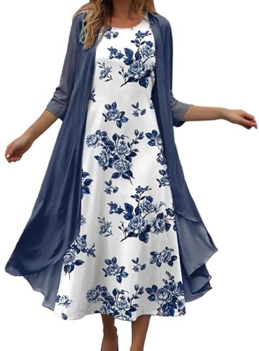 Ensemble 2 Pièces Femme Imprimé Floral sans Manches Robe Midi + Gilet en Mousseline Manches 3/4 Coupe Ample Fluide Tenue d'Été pour Plage Vacances Voyage Quotidiennes