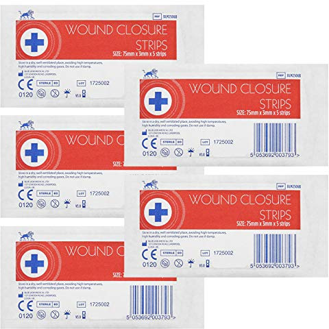Blue Lion 3mm x 75mm Sterile Wound Closure Skin Stitch Adhesive Wound Strips Sutures - 5 Pack (25 Strips)