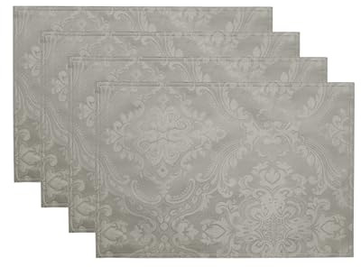 Elrene Home Fashions Caiden Elegance Damask Waterproof, Stain & Wrinkle Resistant Fabric Placemats (Set of 4), 13 x 19, Silver