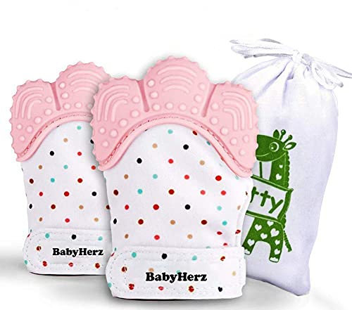 Baby Beißring Handschuhe für Neugeborene 0-6 Monate aus 100% BPA-frei Silikon | Zahnungshilfe gegen Schmerzen & Sabbern – 2er Set für Jungen & Mädchen (Rosa)