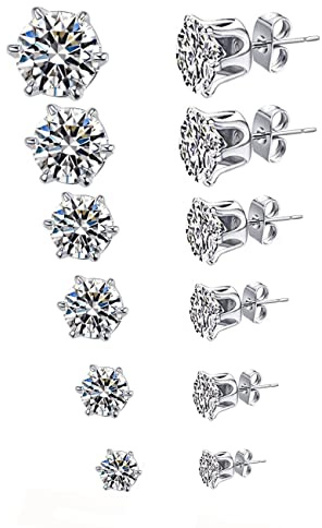monochef 6 Pairs Stud Earrings Set, Hypoallergenic Clear Cubic Zirconia 316L Earrings Stainless Steel CZ Earrings for Women for Men 3-8mm, silver