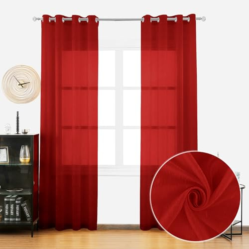 BOD HOME, 2 cortinas translúcidas para sala de estar, 140 x 260 cm, accesorios de ojal para ventana, cortinas decorativas para dormitorio, moderno, fresco, rojo
