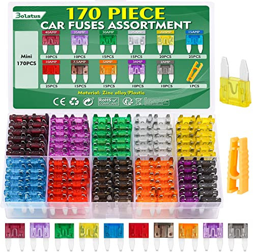 Bolatus 170Pcs Mini Fusibili Auto Assortiti 2A 3A 5A 7.5A 10A 15A 20A 25A 30A 35A 40A Fusibile per Camper, Auto, Camion, Moto + Estrattori