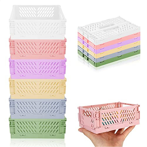 Lighterday 6pcs Collapsible Crates Storage Boxes,Plastic Stackable Storage Baskets,Small Foldable Basket Storage Organiser Box for Office Bedroom Kitchen Drawer Bathroom Toy.