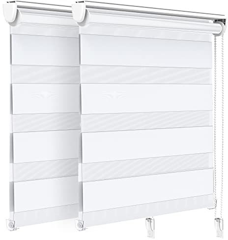 VOUNOT Set of 2 Zebra Roller Blind Double Fabric, Day and Night Translucent or Blackout Vision Curtains, No Drilling for Window and Door, White, 90 x 150 cm