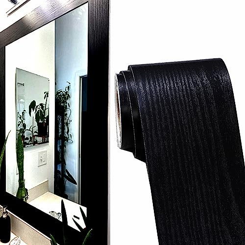 DESOMINOR 32FT Black Border Peel &Stick Black Wood Grain Wallpaper Border Removable Waterproof Bathroom Mirror Frame Sticker (Black, 3.93Inch X 32.8Ft)