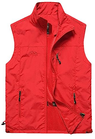 Adhdyuud Herren-Weste mit mehreren Taschen, Wandern, Fischweste, Outdoor, Arbeit, Fotografie, Golf, wasserdicht, atmungsaktiv, Rot, 5XL
