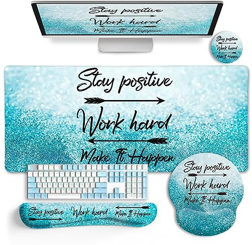 LIMKRIAN Desk Mat Pad, XXL Large Gaming Mouse Pad with Wrist Rest Wrist Support, Ergonomic Mouse Pad, Keyboard Wrist Rest, Coaster, Home Office Desk Accessories Decor Supplies, Stay Positive