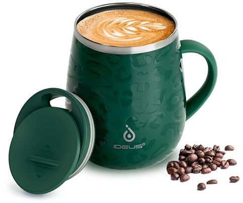 Ideus 460ml Insulated Coffee Mug with Lid and Handle (Leopard Green) | Double wall stainless steel; thermal cup; keeps drinks hot or cold; ideal for home office travel
