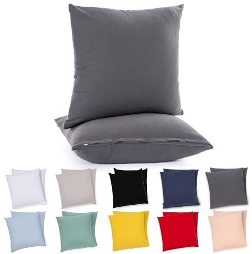 Lotusein Kissenbezug 40x40 cm (2er Set) - Anthrazit - 100% Jersey Baumwolle 175 g/qm Kissenbezüge - Kissenhülle für Kissen mit Reißverschluss - Oeko-Tex Zertifiziert