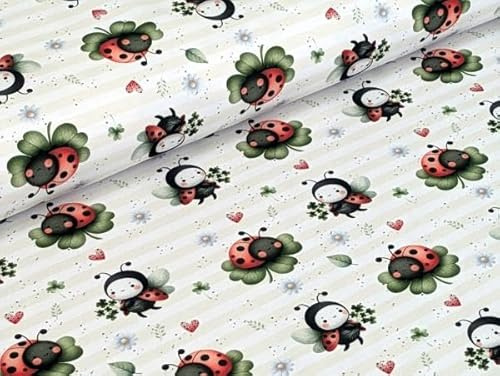 Eigenproduktion Bio Baumwolljersey Marienkäfer Streifen Kleeblatt Weiß Stoff Meterware Kleiderstoff