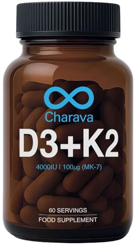 Charava Vitamin D3 + K2 (Vegan) – 4000IU Vitamin D3 & 100μg K2 MK7 – High Strength Capsules, Made in UK – 60 Capsules for Bones, Muscles & Immune Support