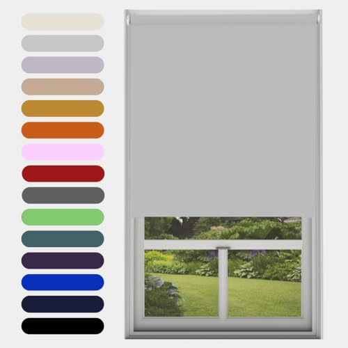 Light Grey Blackout Roller Blind Metal Fittings Trimmable UV Protection Thermal Properties Premium Fabric Home Office Bedroom Kids Room Child Safe Easy Fit 210cm Width x 210cm Drop