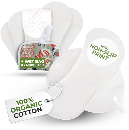 Non-Slip Reusable Incontinence Pads for Bladder Control (L+XL; 6-Pack); High Temp Washable Organic Cotton Cloth Pads with Quick Absorption & Odor Control; Soft & Non-Irritating for Sensitive Skin