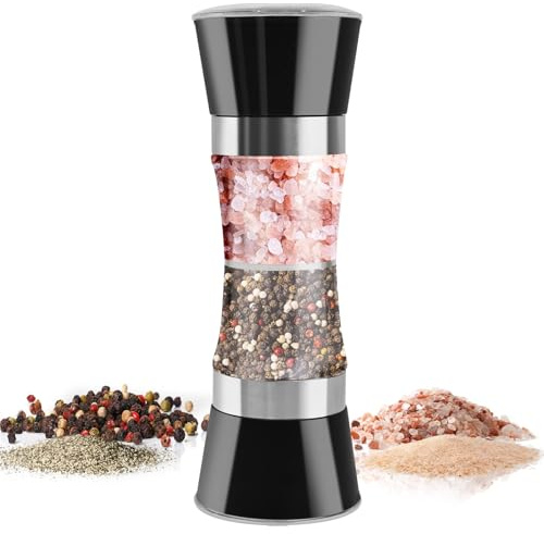 Cyiecw 2 in 1 Salz und Pfeffermühle, Manuell Salt and Pepper Grinder, Plastic Gewürzmühle mit einstellbarer keramischer Mühle, Nachfüll Chilimühle Salzmühle (Schwarz)