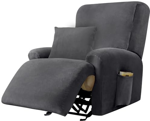 Alishomtll Stretchhusse für Relaxsessel, 4-Teilig Samt Sesselschoner, Stretch Waschbar Sesselbezug Elastisch Bezüge für Fernsehsessel, Sesselüberzug mit 1 Kissenbezug und 2 Taschen (1 Sitzer Grau)