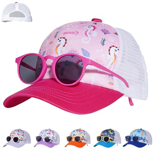 LUKIUP Set di 2 occhiali da sole da baseball, per ragazzi e ragazze, traspiranti, in rete, regolabili, cappellino da baseball, per bambini, ragazzi, ragazze, regali a cartoni animati, rosa con motivo