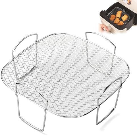 Suuwwn Rejilla Freidora Aire Cuadrada,rejilla Air Fryer de Acero Inoxidable 304 Como Parrilla Estante de Deshidratación Estante de Vapor y Estante de Calentamiento 20.5 * 20.5 * 9cm