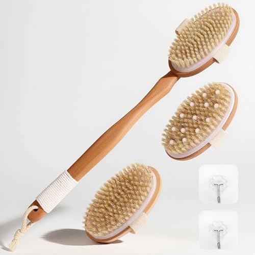 Homgaty Dry Brush Body Brush Set - Detachable Dry Brushing Body Brushes Lymphatic Massage Tool with 3 Heads + Back Scrubber Handle & Hooks, Exfoliating Back Scrubber for Cellulite & Circulation