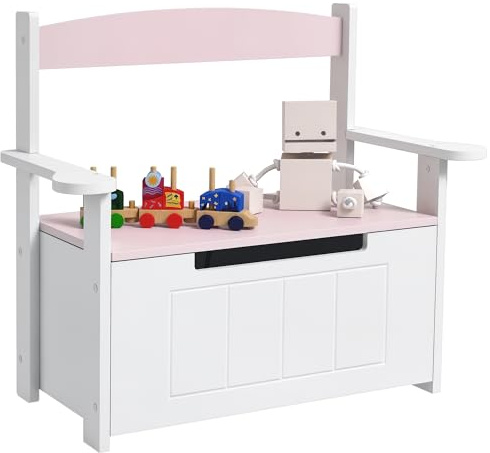 AIYAPLAY Baúl para Juguetes Infantil, Banco Almacenaje para Niños, con Respaldo y Tapa Amortiguadora, Carga 30 kg, para Salas de Juego, Dormitorio, 68,5x34x58 cm, Rosa y Blanco