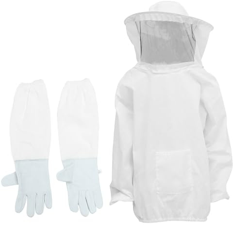 Ciieeo Ensemble de Protection Apiculteur 2 Pièces Blanc en Polyester et Daim Filet Respirant, Veste Épaisse Anti-abeilles et Moufles Confortables pour Apiculture Professionnelle