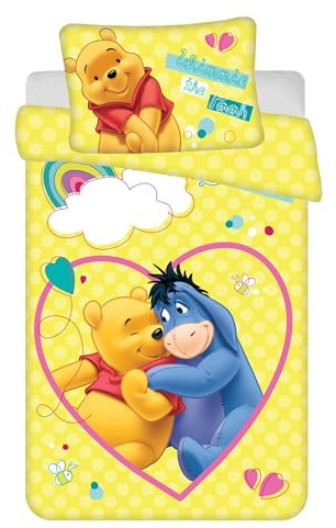 Jerry Fabrics Baby Sängkläder för barn set: påslakan 100 x 135 cm och örngott 40 x 60 cm vändmotiv Disney Nalle Puh 100% bomull för pojkar och flickor