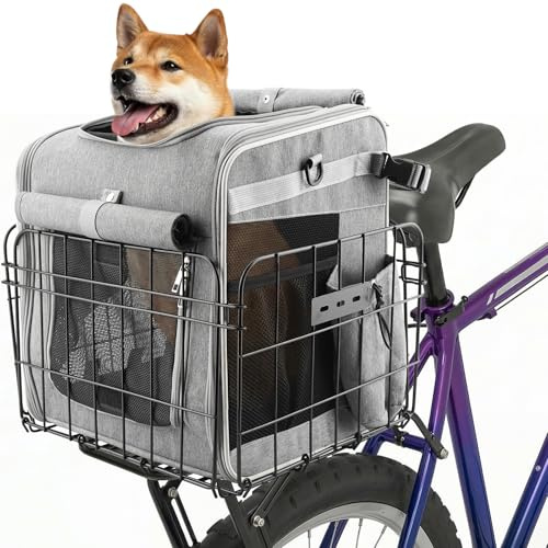 Eiito Foldable Dog Bicycle Basket with Safety Leash and Padded Insert, Pet Carrier for Small to Medium Dogs and Cats up to 22 lbs, Rear Bicycle Basket for Travel