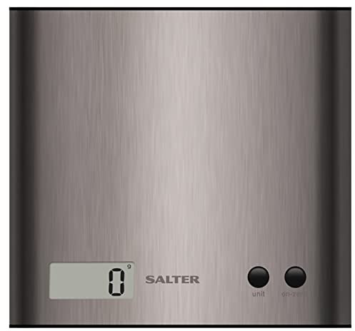 Salter 1087 SSDR Arc Kitchen Scale – Digital Food Weighing Scales, Precise Cooking/Baking, Slim Platform for Compact Storage, Add & Weigh/Tare Function, 3kg Capacity, Battery Included, Stainless Steel