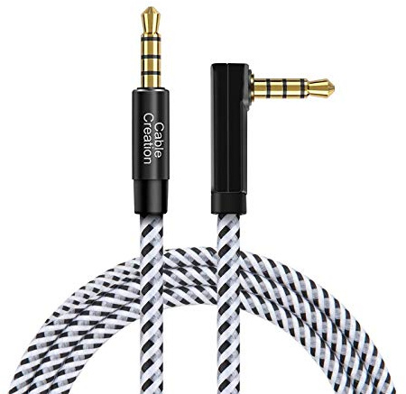 CableCreation Câble auxiliaire 3,5 mm 4 pôles, 90 degrés TRRS Câble Audio 3,5 mm mâle à mâle/Câble auxiliaire stéréo 4 pôles à Angle Droit (Compatible avec Le Microphone), 6 Pieds / 1,8 m