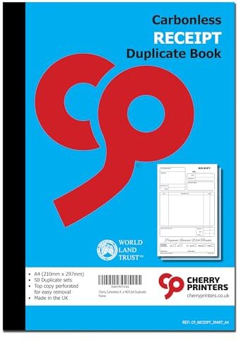 Cherry Printers | Carbonless | Receipt Duplicate Book | A4 (210mm x 297mm) | 50 Perforated Sets | Made in the UK