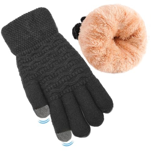 FENELY Women's Winter Warm Touch Screen Gloves Womens Thermal Black Cable Knit Wool Fleece Lined Touchscreen Texting Mittens for Cold Weather