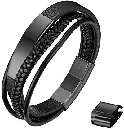 JewelryWe Lederarmband Herren Leder Armband: Schwarz Mehrschichtig Geflochten Manschette Armreif mit Edelstahl Gravurplatte & Magnetverschluss Verstellbar Wickelarmband Punk Biker