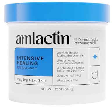 AmLactin Intensive Healing – Crème corporelle thérapeutique pour peaux extrêmement sèches – Exfoliant et crème hydratante pour le corps sans gommage avec 15 % d'acide lactique AHA et céramides, 340,2