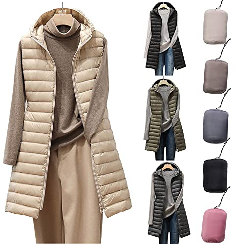 HHMY Gilet lungo da donna – Gilet trapuntato leggero con cappuccio, giacca trapuntata, giacca trapuntata, giacca invernale trapuntata, senza maniche, lunghezza media, antivento, S – 4XL, beige., S