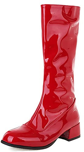 MJIASIAWA Damen Abend Blockabsatz Mode Square Toe Winter Lack Reitstiefel Lange Party Kleid Warm Hohe Stiefel Reißverschluss Rot Gr 37 EU/38 Asiatisch