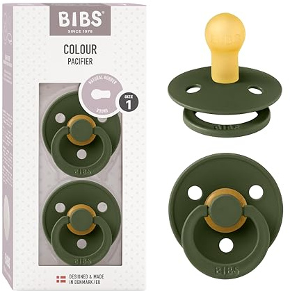 BIBS Colour Soother 2-Pack, BPA Free Dummy Pacifier, Round Nipple. Natural Rubber Latex, Made in Denmark, Size 1 (0-6 Months), Hunter Green