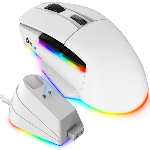 KLIM Blaze X RGB + Wiederaufladbare kabellose Gaming-Maus mit Ladestation + Langlebiger Akku + Bis zu 12000 DPI + Kabelgebundene & kabellose Maus PC, PS5, PS4, Mac + Weiß