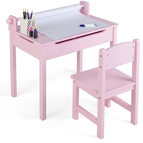 RELAX4LIFE Tavolo e Sedia D'arte per Bambini 3+ Anni con Piano Pieghevole, Scrivania e Sedia in Legno per Bambini 60 x 40 x 58 cm con Rotolo di Carta e Pennarel (Rosa)