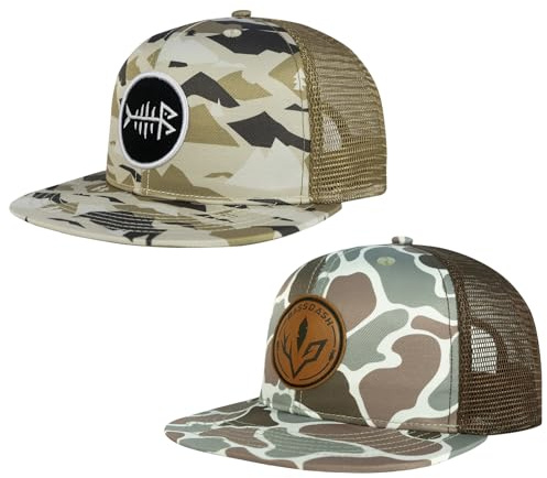 Bassdash Paquete de 2 Gorras de Camionero de ala Plana Ajustable Snapback Sombrero de Malla Trasera para Hombres Mujeres Pesca Caza