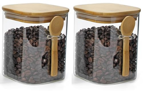 Maxxo Bamboo 800 ml due barattoli in vetro con coperchio, coperchio in bambù, cucchiai di bambù, ermetici per alimenti, farina, pasta