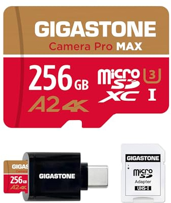 [5 år gratis dataåterställning] GIGASTONE 256 GB Micro SD-kort med USB 3.2 typ C-kortläsare, 4K-kamera Pro MAX, A2 V30 MicroSDXC-minneskort för Gopro, 4K UHD-video, upp till 130/85 MB/s med adapter
