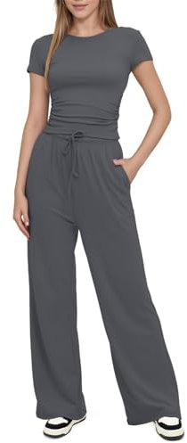 SotRong Two Piece Summer Outfit Women Fashion Leisure Suits Gym Tracksuit Full Set Short Sleeve Crop T-shirt Straight Leg Pants Matching Set Casual Comfy Loungewear Homewear Nightwear Dark Grey L