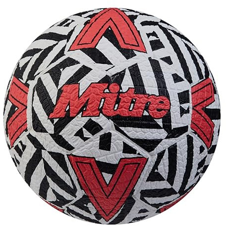 Mitre Street-Soccer-Fußball | Äußerst strapazierfähig | Perfekt für Hartplätze Fußball, Weiß/Schwarz/Bib-Rot, 5