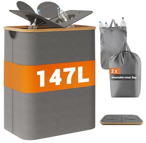 YOUDENOVA 150L Pfandflaschen Sammelbehälter mit Deckel & Geruchsdicht, Mülleimer 2 Fächer Küche, Flaschensammler Leergut & Altglas Aufbewahrung, Bambus Recycling Bbehälter Müllsackständer, Grau