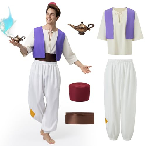 Joellfuner Aladdin - Disfraz de Aladdin para hombre, disfraz de carnaval de príncipe árabe con lámpara Aladdin, chaleco árabe, pantalones de Aladín, camisas, sombreros para fiestas temáticas de