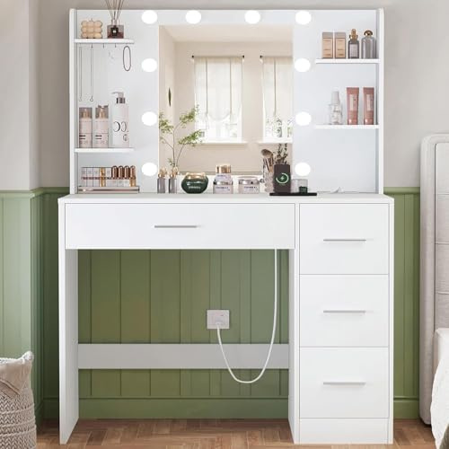 TEENFON Toeletta Trucco con Specchio, 3 con Luminosità Regolabile, Postazione Trucco con 4 Ripiani Apert, Bianco,Presa, 4 Cassetti, 5 Ganci per Gioielli